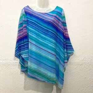 Chicos Asymmetric Tunic Top Sheer Lightweight Lined Striped Turquoise Resort 1